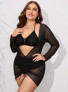 3 piezas Talla grande Tankini de triángulo halter y cubierta de cordón para playa de verano - Negro - Ver 4