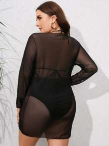 3 piezas Talla grande Tankini de triángulo halter y cubierta de cordón para playa de verano - Negro - Ver 5