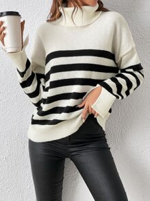 SHEIN Essnce Jersey con patrón de rayas cuello alto de manga con abertura - Albaricoque - Ver 4