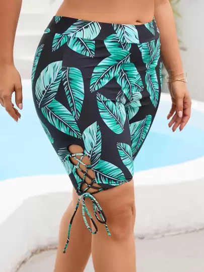 SHEIN Swim Curve 大碼熱帶圖案側邊綁帶泳衣下裝