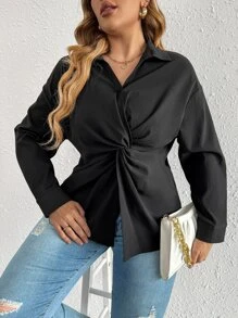SHEIN Privé Plus Twist Front Drop Shoulder Blouse - Black - View 1