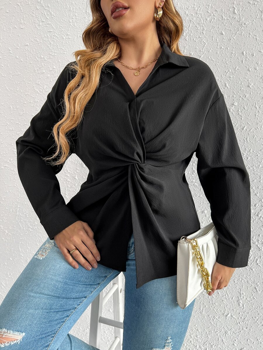 SHEIN Privé Plus Twist Front Drop Shoulder Blouse - Black - View 1
