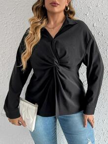 SHEIN Privé Plus Twist Front Drop Shoulder Blouse - Black - View 3