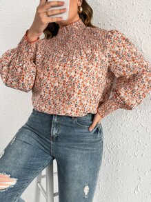 SHEIN Frenchy Plus Ditsy Floral Print Lantern Sleeve Mock Neck Blouse - Multicolor - View 1
