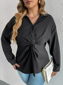 SHEIN Privé Plus Twist Front Drop Shoulder Blouse - Black - View 4