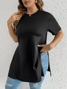SHEIN LUNE Plus Split Hem Tee - Black - View 1