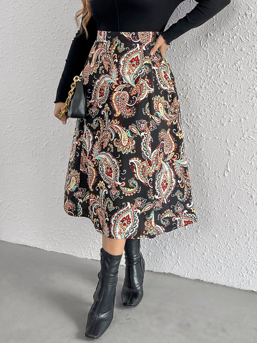 SHEIN VCAY Plus Paisley Print High Waist Skirt - Multicolor - View 1
