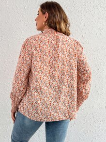 SHEIN Frenchy Plus Ditsy Floral Print Lantern Sleeve Mock Neck Blouse - Multicolor - View 2