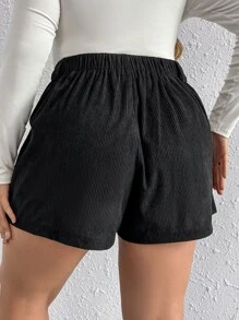 SHEIN Privé 加大高腰双口袋灯芯绒短裤（无腰带）冬季 - 黑色 - 查看 2