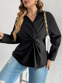 SHEIN Privé Plus Twist Front Drop Shoulder Blouse - Black - View 5