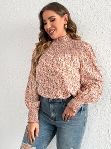 SHEIN Frenchy Plus Ditsy Floral Print Lantern Sleeve Mock Neck Blouse - Multicolor - View 3