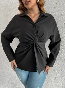 SHEIN Privé Plus Twist Front Drop Shoulder Blouse - Black - View 6