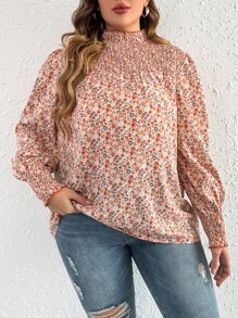 SHEIN Frenchy Plus Ditsy Floral Print Lantern Sleeve Mock Neck Blouse - Multicolor - View 4