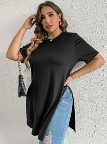 SHEIN LUNE Plus Split Hem Tee - Black - View 4