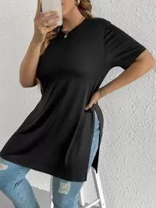 SHEIN LUNE Plus Split Hem Tee - Black - View 5