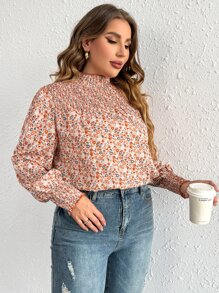 SHEIN Frenchy Plus Ditsy Floral Print Lantern Sleeve Mock Neck Blouse - Multicolor - View 6