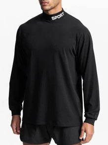 Men Letter Graphic Mock Neck Sports Tee - Black - View 1