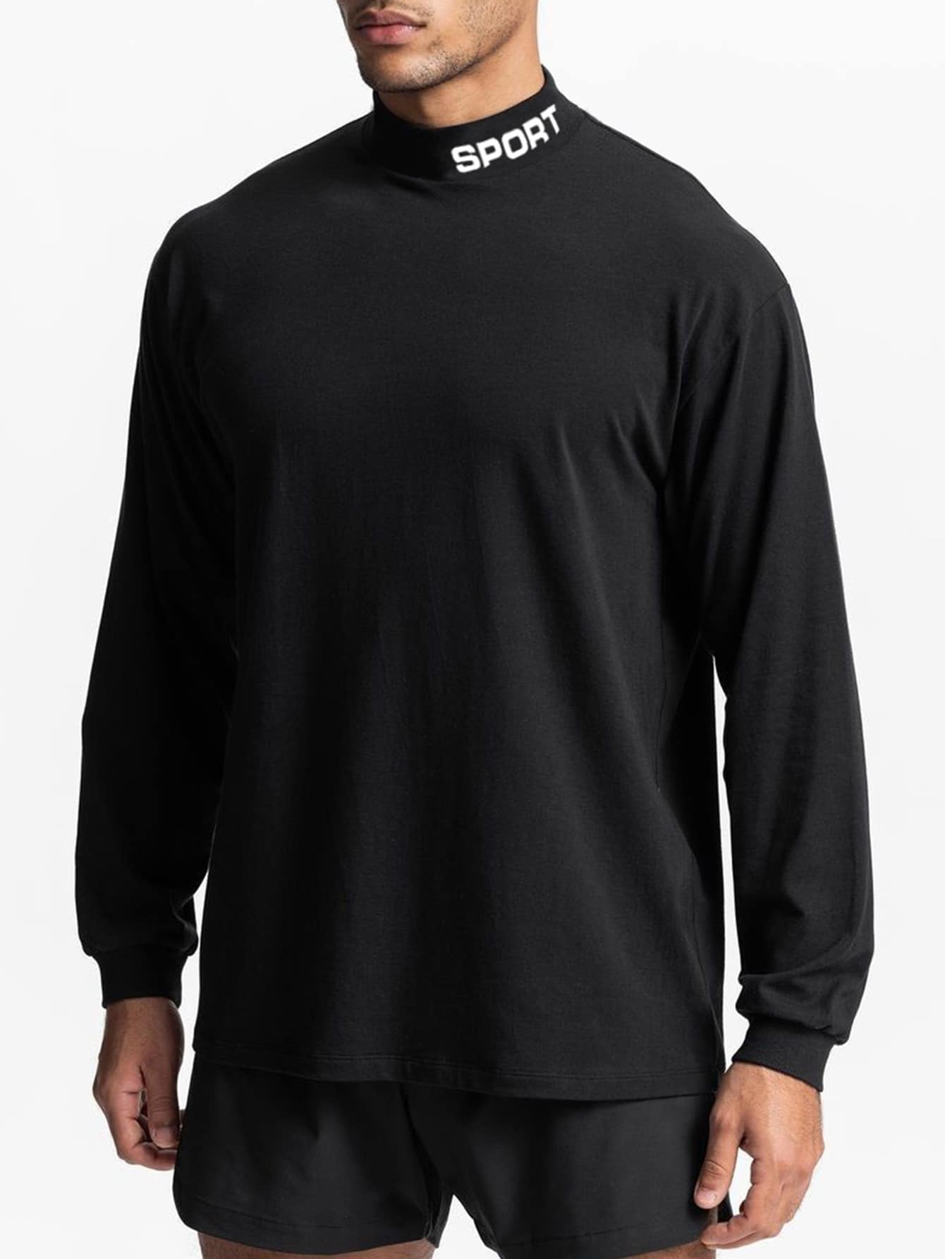 Men Letter Graphic Mock Neck Sports Tee - Black - View 1