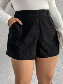 SHEIN Privé 加大高腰双口袋灯芯绒短裤（无腰带）冬季 - 黑色 - 查看 6
