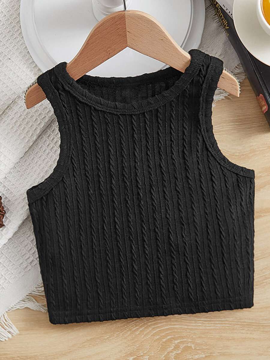 SHEIN Girls Cable Knit Tank Top - Black - View 1