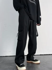 Manfinity Men Flap Pocket Side Drawstring Waist Cargo Trousers - Black - View 1