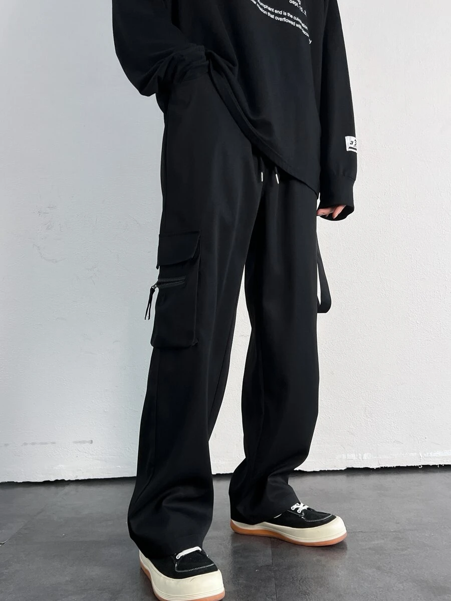Manfinity Men Flap Pocket Side Drawstring Waist Cargo Trousers - Black - View 1