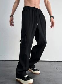 Manfinity Men Flap Pocket Side Drawstring Waist Cargo Trousers - Black - View 3