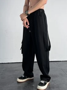 Manfinity Men Flap Pocket Side Drawstring Waist Cargo Trousers - Black - View 4