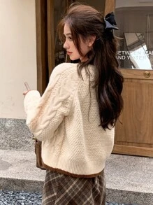 DAZY Cárdigan ribete en contraste tejido de cable de manga raglán - Beis - Ver 2