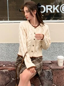 DAZY Cárdigan ribete en contraste tejido de cable de manga raglán - Beis - Ver 3