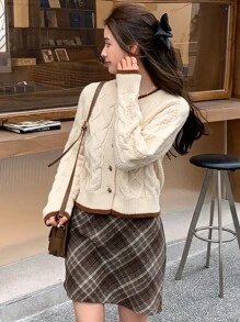 DAZY Cárdigan ribete en contraste tejido de cable de manga raglán - Beis - Ver 5