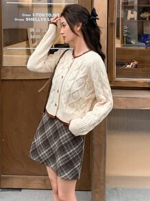 DAZY Cárdigan ribete en contraste tejido de cable de manga raglán - Beis - Ver 6