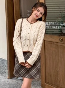 DAZY Cárdigan ribete en contraste tejido de cable de manga raglán - Beis - Ver 7