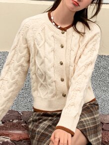 DAZY Cárdigan ribete en contraste tejido de cable de manga raglán - Beis - Ver 8