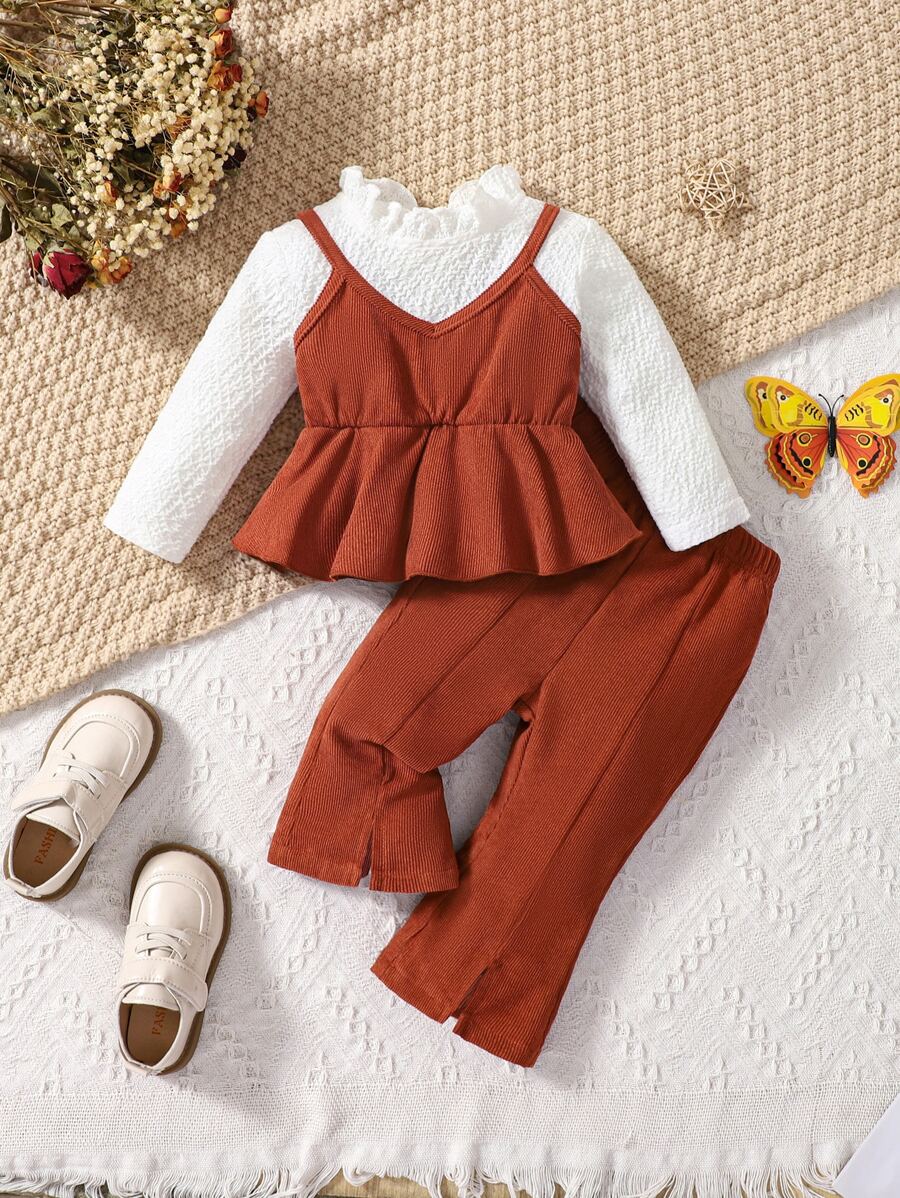 嬰兒褶邊假兩件荷葉邊下擺襯衫和喇叭褲 - 彩色 - 查看 1