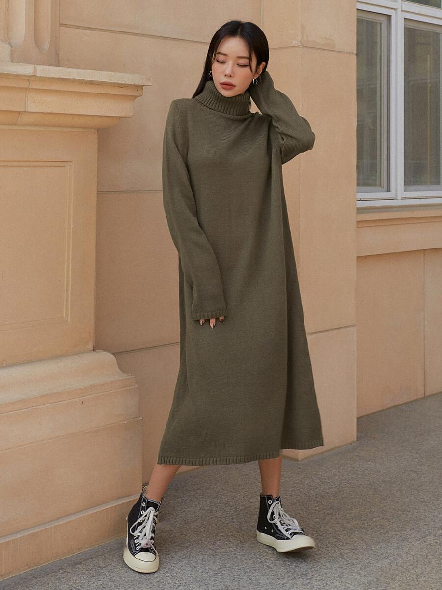 DAZY Turtleneck Split Hem Jumper Dress - Army Green - View 1