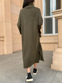 DAZY Turtleneck Split Hem Jumper Dress - Army Green - View 2