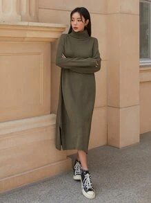 DAZY Turtleneck Split Hem Jumper Dress - Army Green - View 3