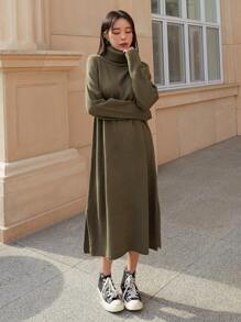 DAZY Turtleneck Split Hem Jumper Dress - Army Green - View 4