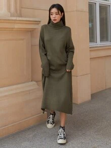 DAZY Turtleneck Split Hem Jumper Dress - Army Green - View 5