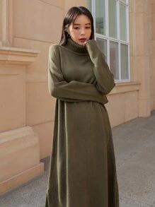 DAZY Turtleneck Split Hem Jumper Dress - Army Green - View 6