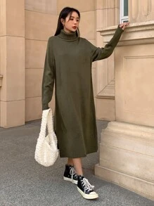 DAZY Turtleneck Split Hem Jumper Dress - Army Green - View 7