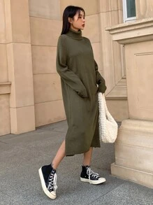 DAZY Turtleneck Split Hem Jumper Dress - Army Green - View 8