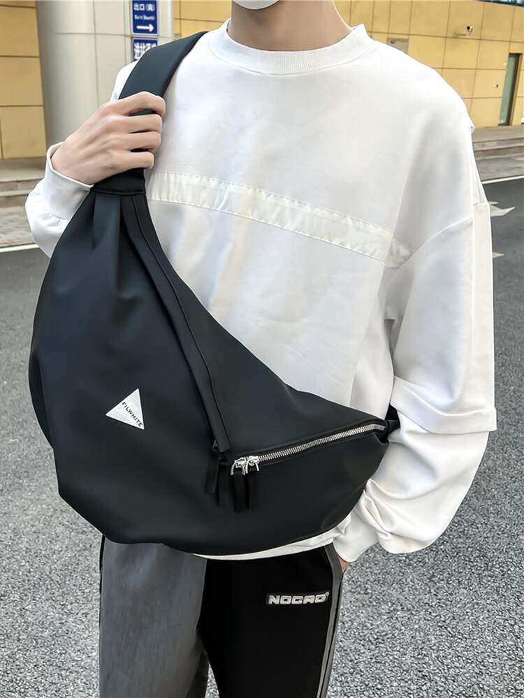 男士反光腰部字母圖案包胸包 - 黑色 - 查看 2