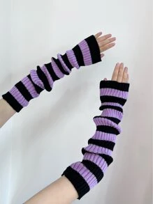 1 cặp ấm tay dài dệt kim sọc với thiết kế khối màu xanh lá cây và trắng, hoàn hảo cho trang phục lễ hội - Nhiều màu - Xem 2