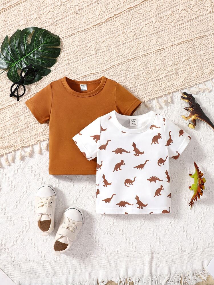 Baby Boy 1pc Dinosaur Print Tee & 1pc Solid Tee