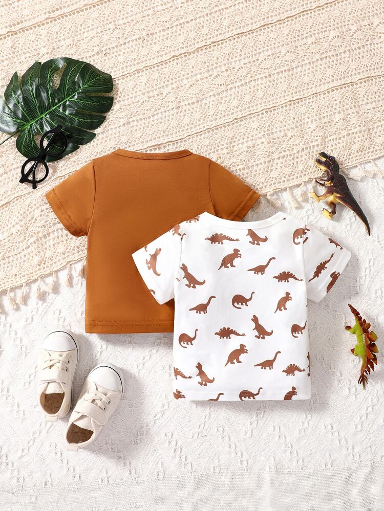 Baby Boy 1pc Dinosaur Print Tee & 1pc Solid Tee