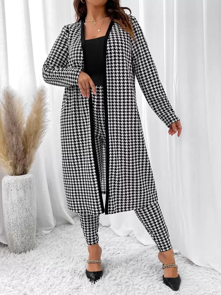 SHEIN Clasi Manteau à pied-de-poule ouvert et Top à fines brides & Legging - Noir et Blanc - Voir 4