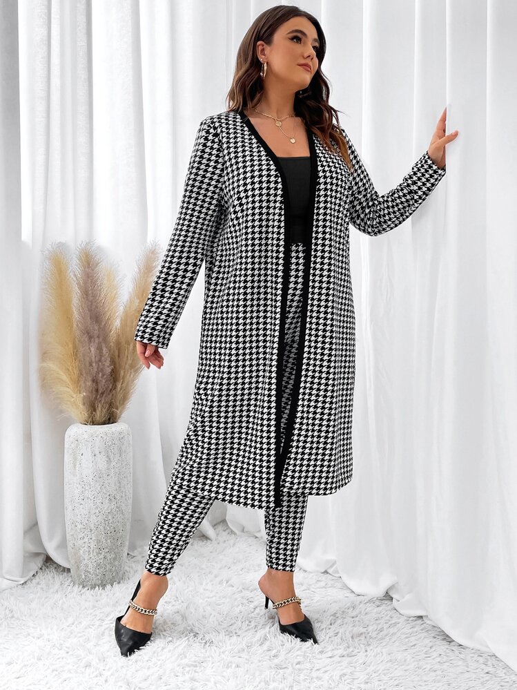 SHEIN Clasi Manteau à pied-de-poule ouvert et Top à fines brides & Legging - Noir et Blanc - Voir 3