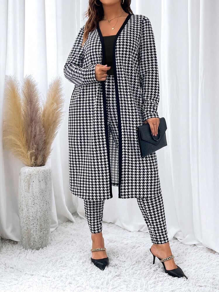 SHEIN Clasi Manteau à pied-de-poule ouvert et Top à fines brides & Legging - Noir et Blanc - Voir 1